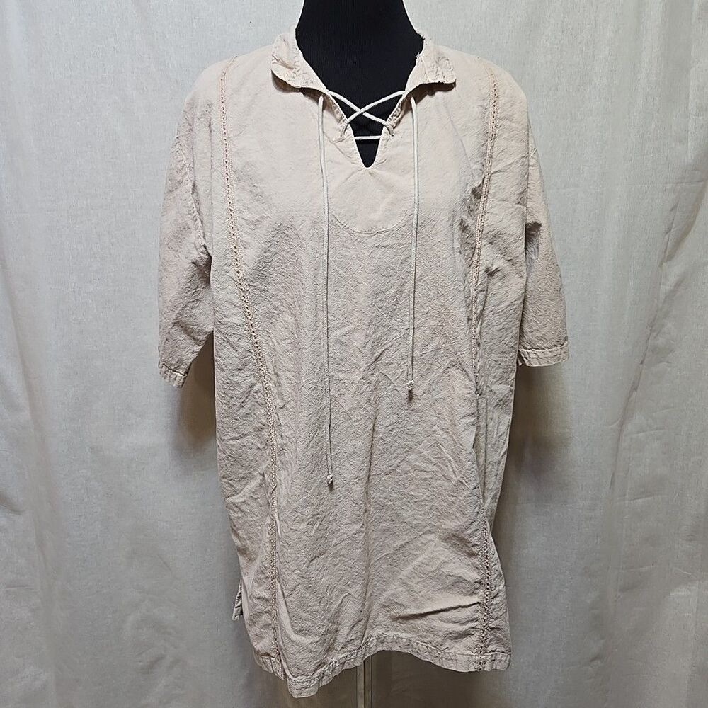 Resort Wear Tunic Top Womens Size Large Beige Tan Cotton Short Sleeve